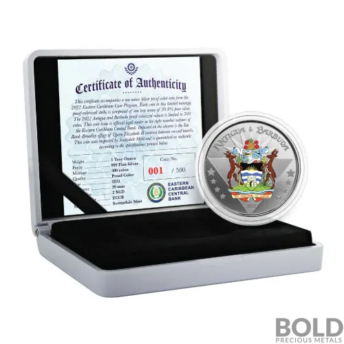 2022 Silver 1 oz Antigua & Barbuda Coat of Arms Coin Proof (Colored)