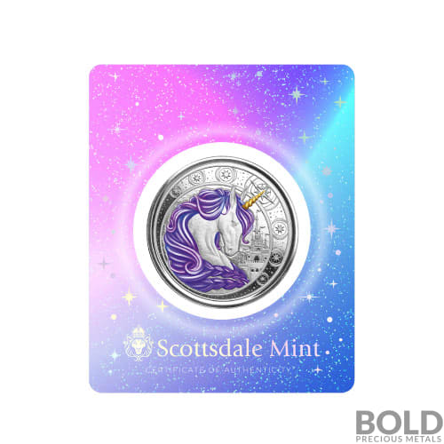 2023 Silver 1 oz Ghana Unicorn "Aurora" Purple Colored Coin