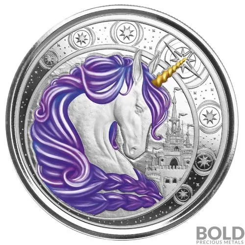 2023 Silver 1 oz Ghana Unicorn "Aurora" Purple Colored Coin