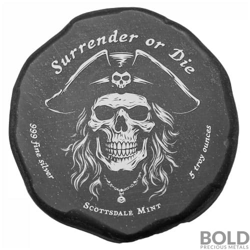 5 oz Scottsdale Pirate Skull Surrender or Die Silver Button (Antiqued)
