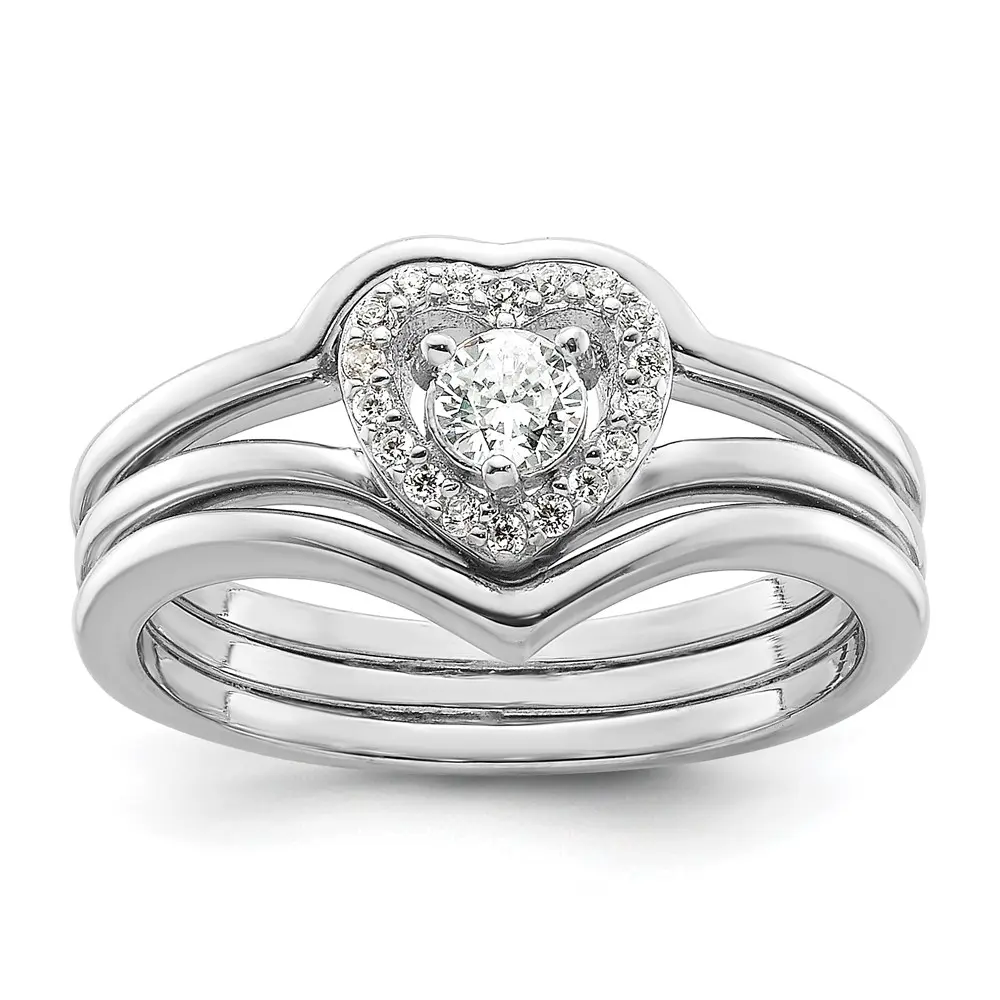 Sterling Silver CZ Heart and Bands Three Ring Set