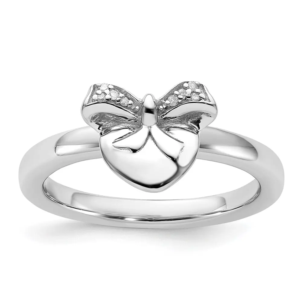 Sterling Silver Heart with Bow Diamond Ring