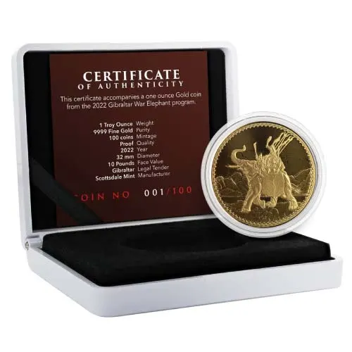 2022 Gibraltar Royal Arms of England: War Elephant Gold 1 oz BU