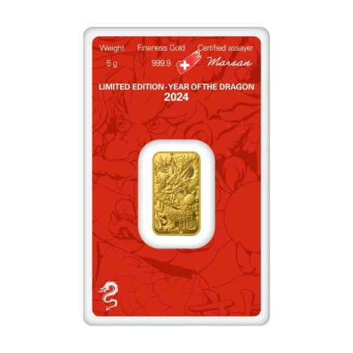 2024 Gold 5 Gram Argor Heraeus Lunar YOT Dragon Bar (In Assay)