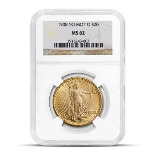 1908 $20 St Gaudens "No Motto" Gold Coin (MS62, NGC or PCGS)