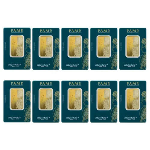 1 oz PAMP Lady Fortuna 45th Anniversary Gold Bar In Assay - Lot of 10