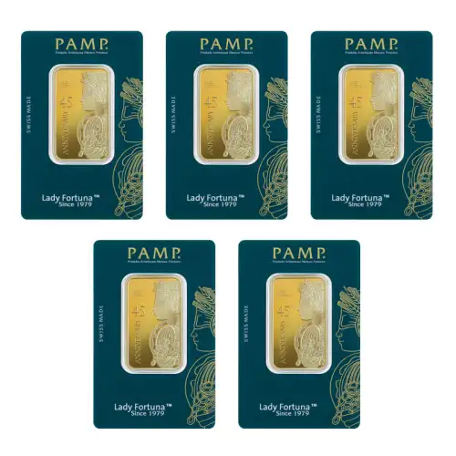 1 oz PAMP Lady Fortuna 45th Anniversary Gold Bar In Assay - Lot of 5