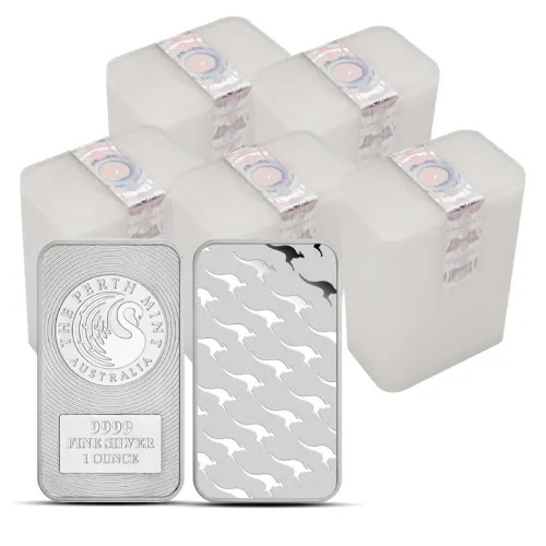 Lot of 100 - 1 oz Perth Kangaroo Silver Bar 9999 Fine (5 Tube of 20)