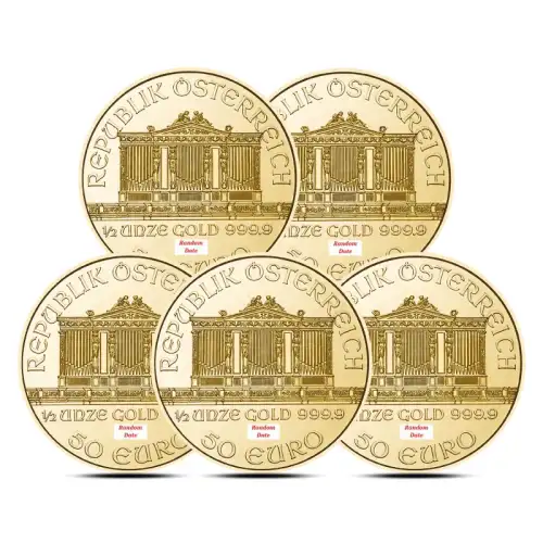 Lot of 5 - 1/2 oz Austrian Gold Philharmonic Coin (Random Date)