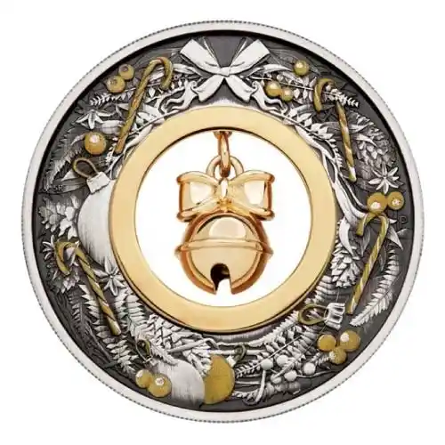 2022 Silver Perth Jingle Bell Silver Antiqued 2 oz Colored Coin