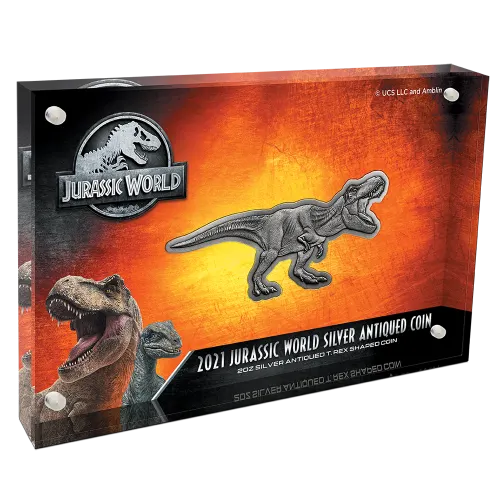 2021 Niue Jurassic World T-Rex Shaped 2 oz Silver Antiqued