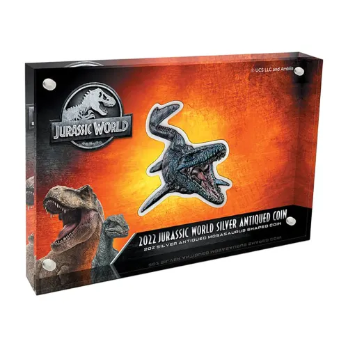 2022 Niue Jurassic World Mosasaurus Shaped 2 oz Silver Antiqued