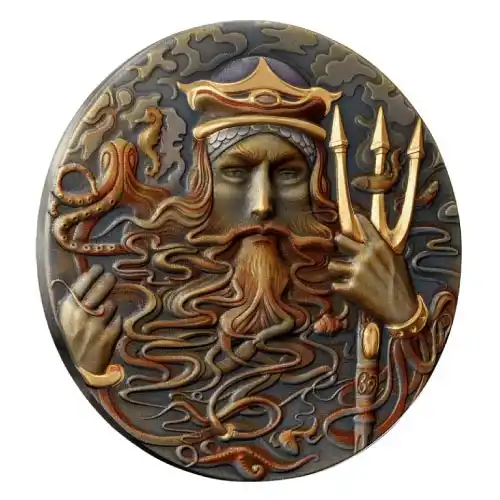 2023 2 oz Niue Poseidon Antiqued Silver Coin (Color)