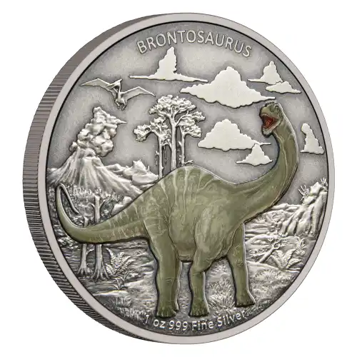 2021 Niue Dinosaurs Brontosaurus 1 oz Silver Antiqued Color