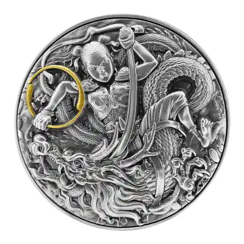 2021 Niue Ne Zha Kills The Dragon King's Son 2 oz Silver Antiqued