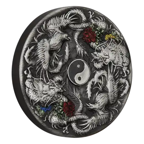 2021 Tuvalu Double Dragon Double Phoenix Colored Antique 2 oz Silver