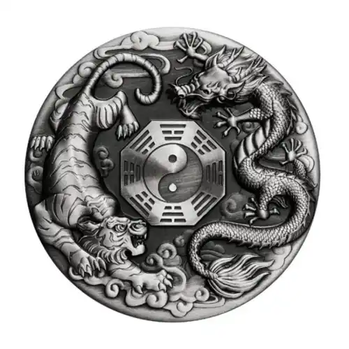 2021 Tuvalu Dragon and Tiger Antiqued 2 oz Silver