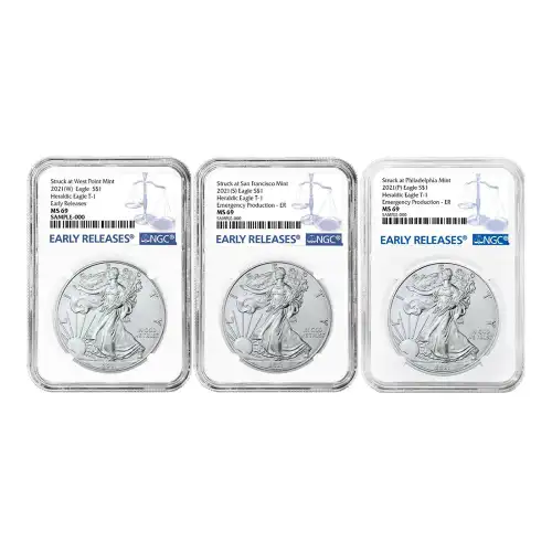 2021 American Silver Eagle (T-1) 3-Coin Set: NGC MS69 ER W-P-S