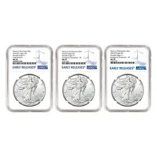 2021 American Silver Eagle (T-1) 3-Coin Set: NGC MS70 ER W-P-S