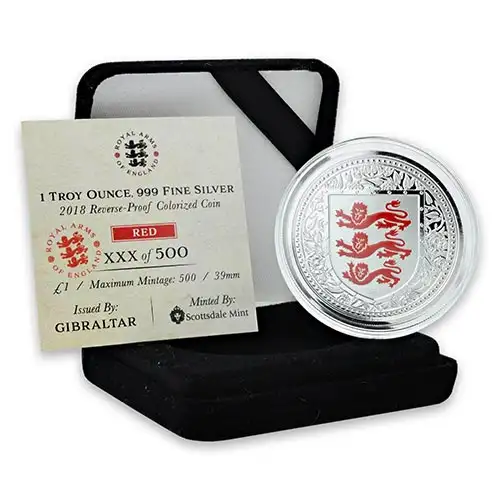 2018 Gibraltar Royal Arms of England Silver 1 oz Proof (Red Colored)
