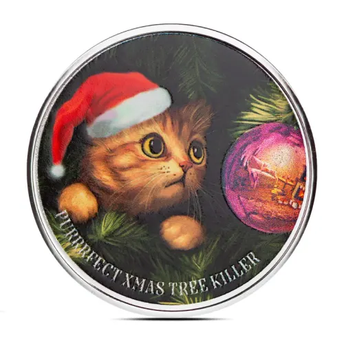1 oz Purrfect Xmas Tree Killer Silver Round (Color)