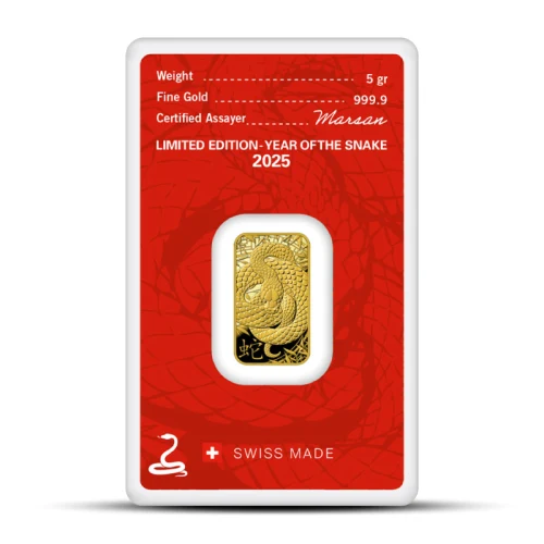 2025 5 Gram Argor Heraeus Lunar YOT Snake Gold Bar (In Assay)
