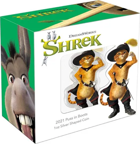 2021 Niue Shrek Puss in Boots Shaped 1 oz Silver Colored Proof