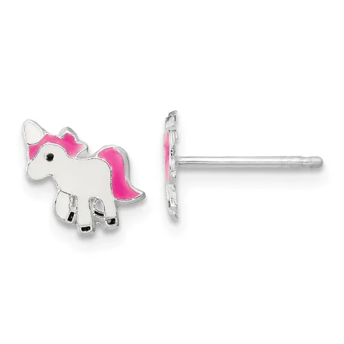 rhodium-plated-polished-multi-color-enameled-pink-unicorn-children-s-post-earrings-ss