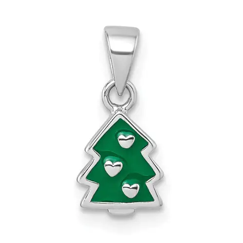 sterling-silver-rhodium-plated-children-s-green-enamel-christmas-tree-with-hearts-pendant