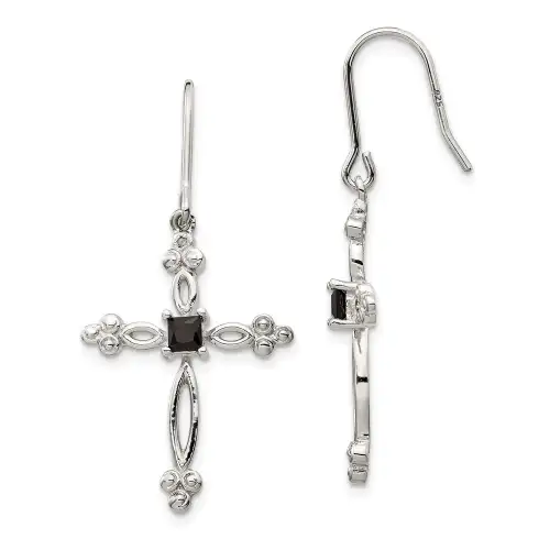 sterling-silver-rhodium-plated-polished-diamond-accent-black-cz-budded-cross-dangle-earrings
