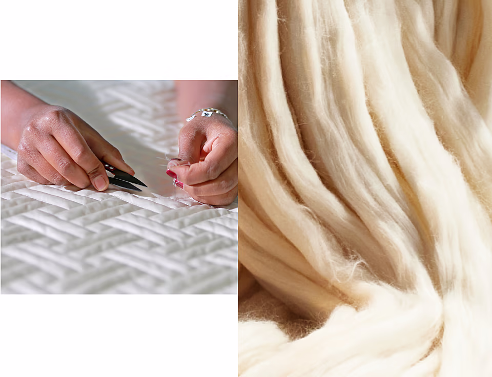 A woman hand sewing the Heritage Quilt Set in White and organic cotton