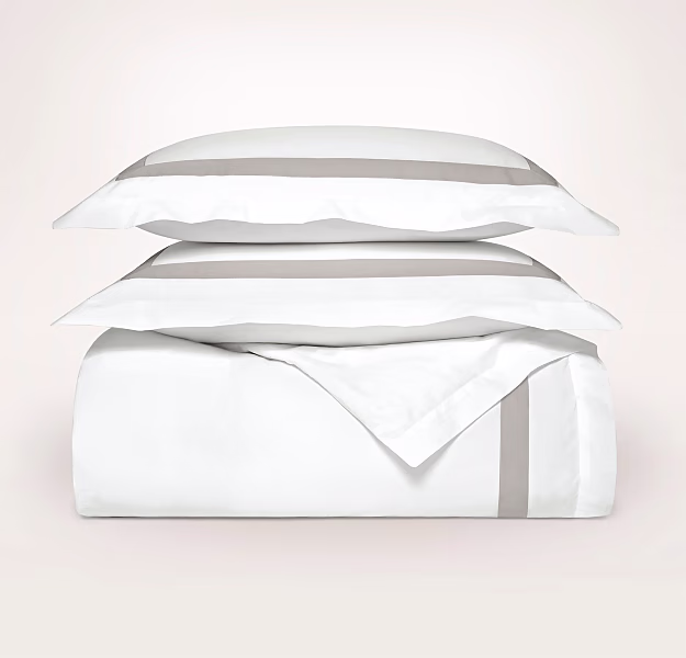 Percale Banded Duvet Set in White/Pewter