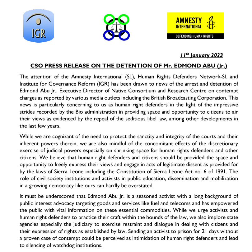CSO Press Release on the Detention of Mr. Edmond Abu (jr.)