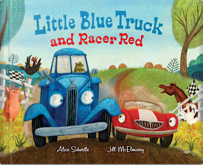 Book cover for Little Blue Truck and Racer Red by Alice Schertle and Jill McElmurry