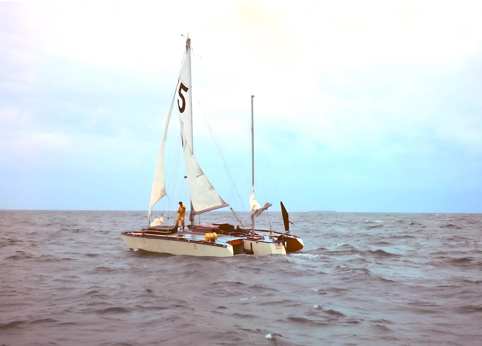 Photograph of Donald Crowhurst sailing his trimaran in the Golden Globe Race