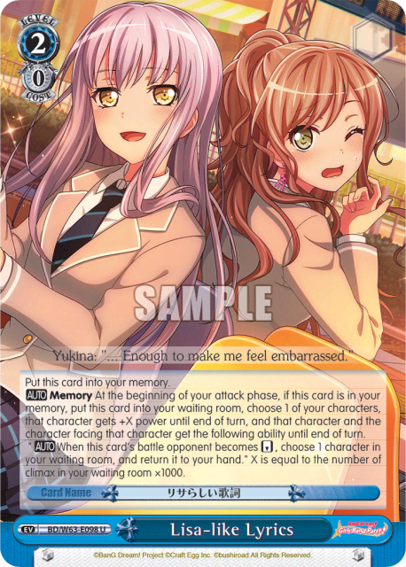 Lisa-like Lyrics (BD/W63-E098) — BanG Dream! Girls Band Party! Vol.2