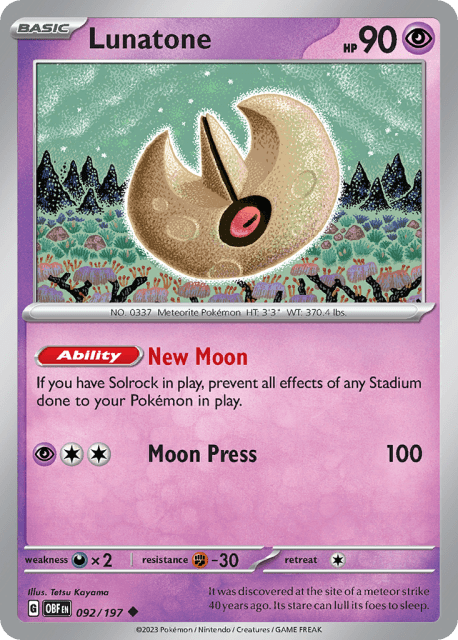 Lunatone (Reverse Holofoil) (92) — Obsidian Flames