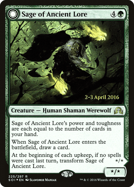 Sage of Ancient Lore // Werewolf of Ancient Hunger (225) — Shadows over Innistrad Promos