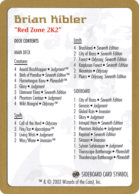 Brian Kibler Decklist (bk0b) — World Championship Decks 2002
