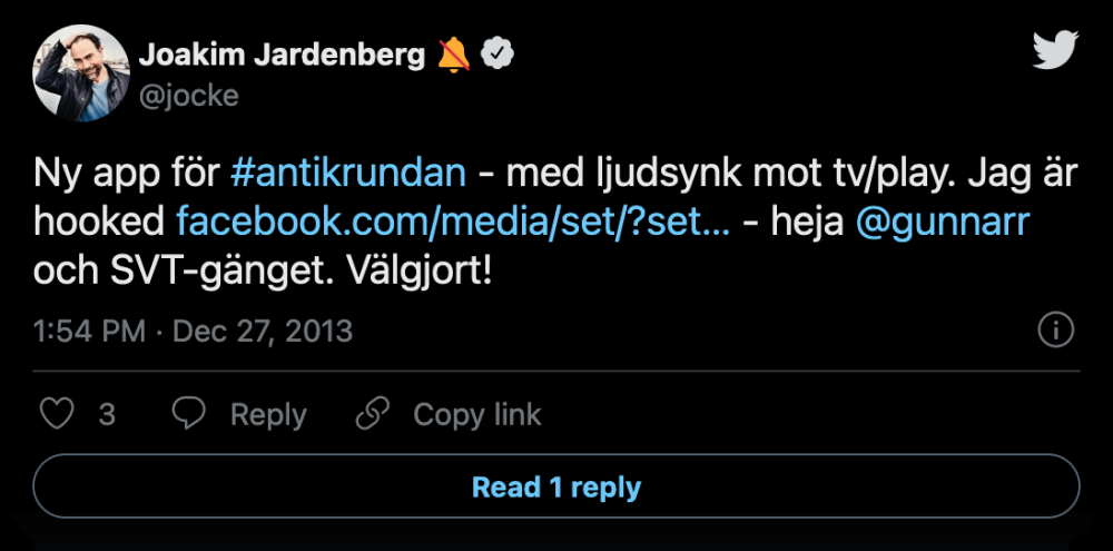 Ny app för #antikrundan - med ljudsynk mot tv/play. Jag är hooked - heja @gunnarr och SVT-gänget. Välgjort!