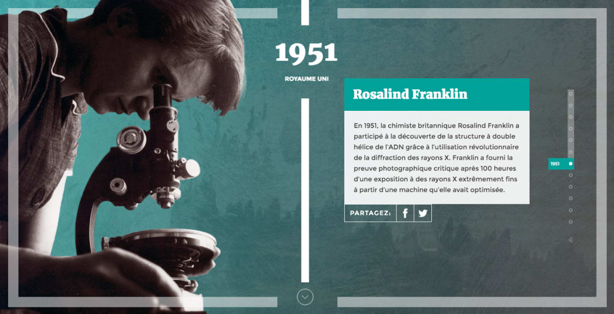Illustration de Rosalind Franklin à côté d'un texte descriptif de son empreinte