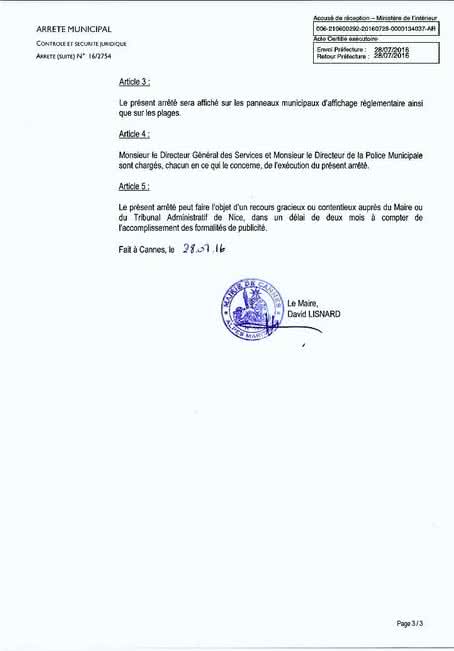 Arrêté municipal de David Lisnard interdisant le port du burkini