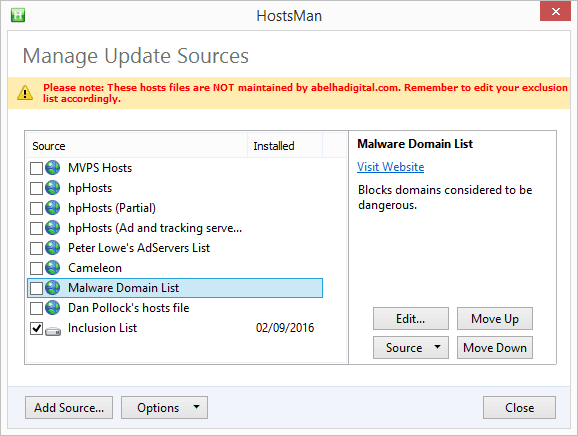 A screencapture from hostsman sources manager