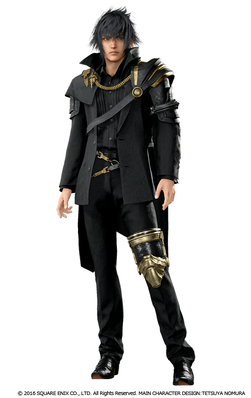 Noctis, un personnage ténébreux dont l'habit de roi implique une pièce métalique articulée autour du genou gauche.