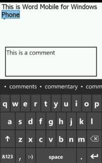 Capture de l'écran Application Word pour Windows Phone : saisie d’un commentaire