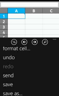 Capture de l'écran Application Excel pour Windows Phone : capture du menu contextuel
