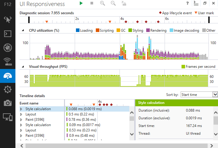 Capture d'écran de l'onglet 'UI Responsiveness' des outils de développement d'Internet Explorer 11