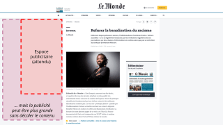 Une capture d’une page du Monde.fr où un espace est réservé pour une publicité dans la marge. Si la publicité est plus grande que prévue, elle occupe davantage de place dans la marge, mais ne décale pas le contenu.