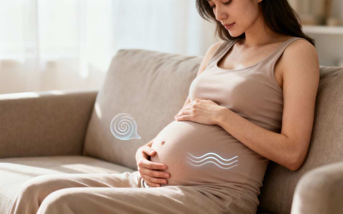 A pregnant woman sits on a beige couch, gently holding her belly, with faint graphic overlays.