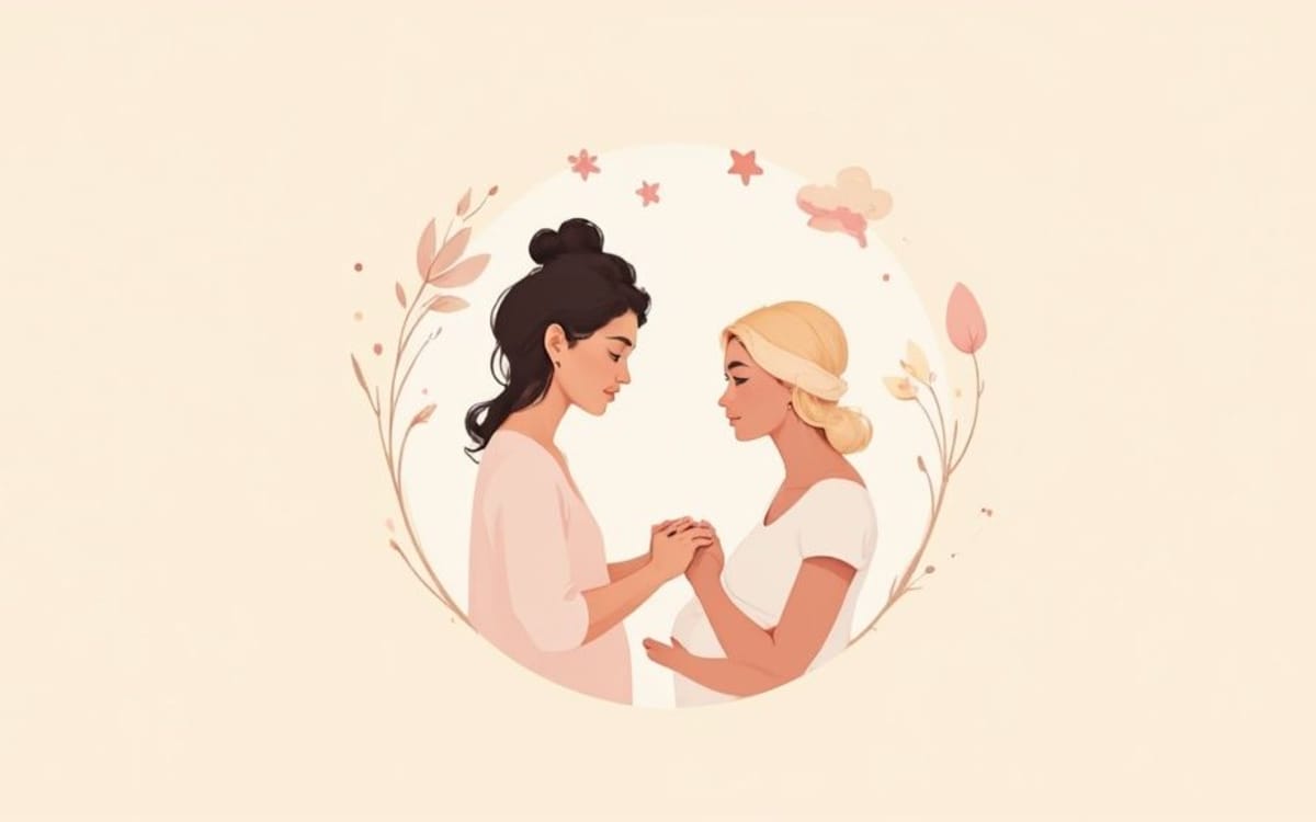 Two women holding hands in supportive embrace surrounded by gentle floral wreath illustration